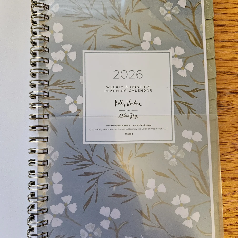 Kelly Ventura for Blue Sky 2026 Floral Planning Calendar - Blue & White
